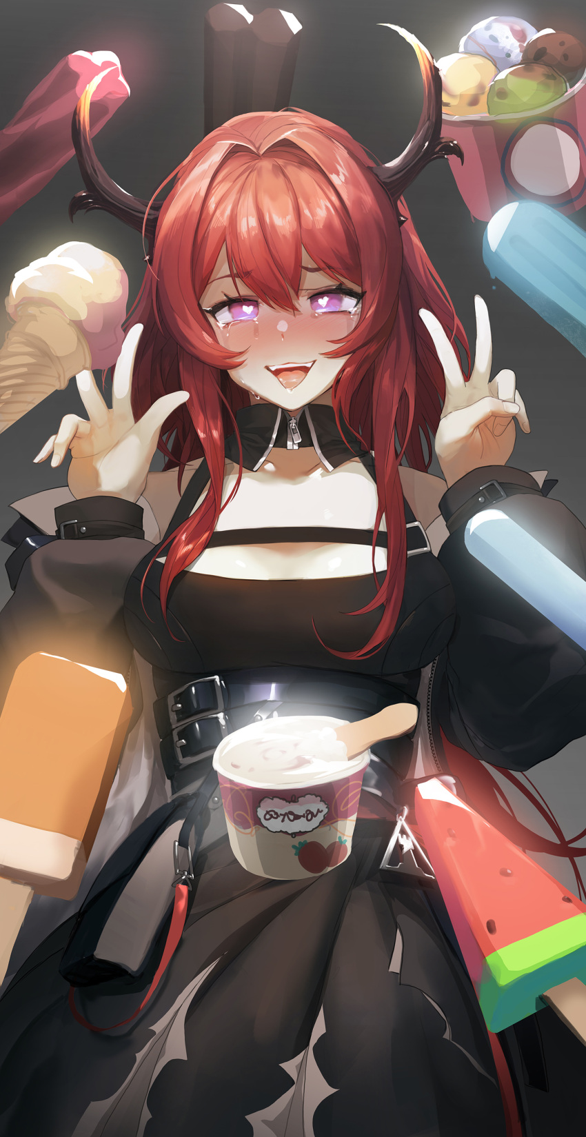 1girl absurdres ahegao arknights bangs black_dress blush breasts crying crying_with_eyes_open double_v dress food grey_background haagen-dazs hair_intakes heart heart-shaped_pupils highres horns ice_cream ice_cream_bar ice_cream_cone long_hair long_sleeves mo_ne open_mouth popsicle redhead sexually_suggestive solo surtr_(arknights) symbol-shaped_pupils tears tongue tongue_out upper_teeth v violet_eyes