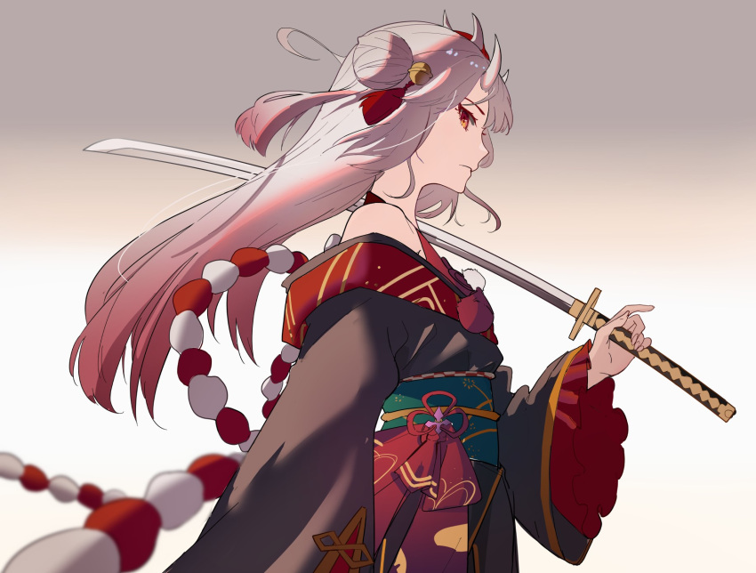 1girl black_kimono floating_hair gradient gradient_background gradient_hair highres holding holding_sword holding_weapon hololive horns japanese_clothes katana kimono long_hair longlong_(drasdr7513) multicolored_hair nakiri_ayame obi oni oni_horns over_shoulder red_eyes redhead sash side_bun silver_hair solo sword virtual_youtuber weapon weapon_over_shoulder wide_sleeves