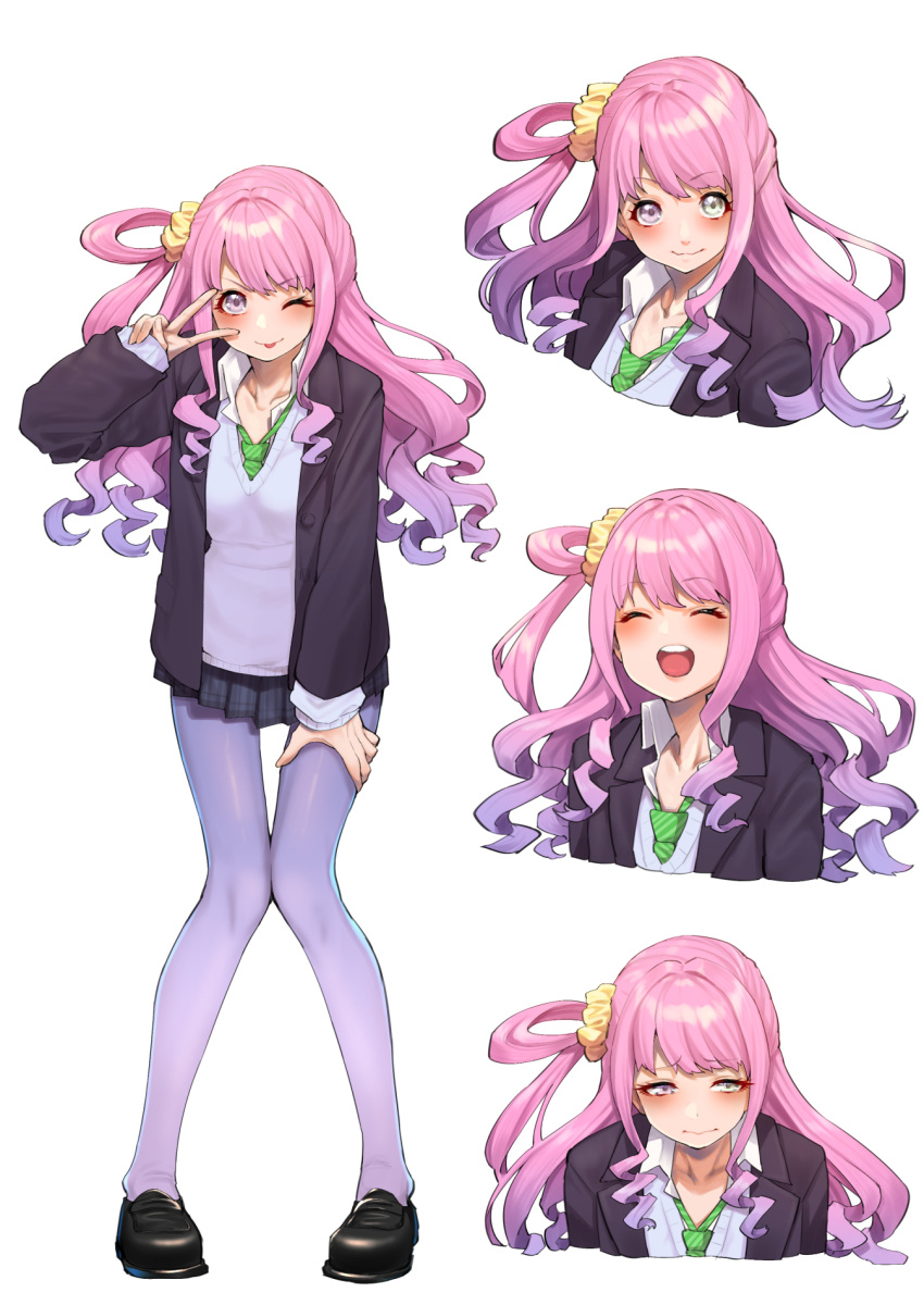 1girl :d alternate_costume black_footwear blazer blush closed_eyes cropped_torso full_body gradient_hair green_eyes green_neckwear gyaru hair_rings heterochromia highres himemori_luna hololive jacket long_hair long_sleeves looking_at_viewer mikan_(chipstar182) multicolored_hair multiple_views necktie one_eye_closed open_blazer open_clothes open_jacket open_mouth pantyhose pink_hair purple_hair purple_legwear school_uniform scrunchie simple_background smile solo standing tongue tongue_out v_over_eye violet_eyes virtual_youtuber white_background