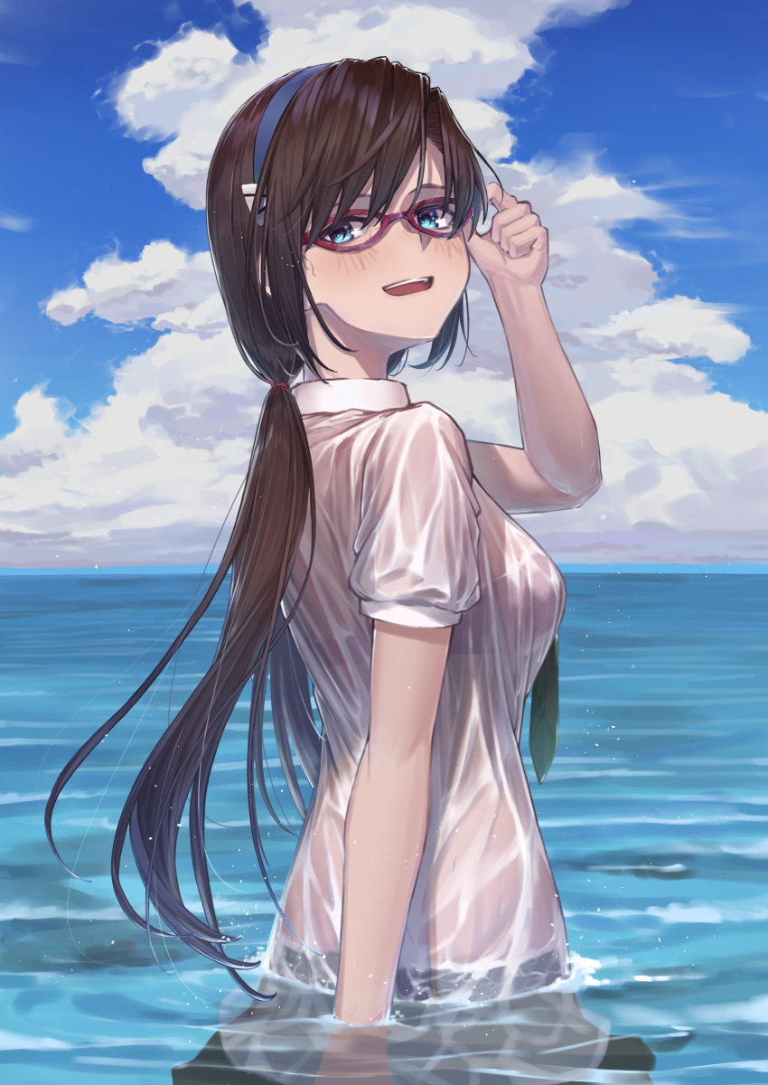 1girl absurdres adjusting_eyewear blue_eyes blue_sky bra_through_clothes bralines brown_hair evangelion:_3.0+1.0_thrice_upon_a_time glasses headband highres light_blush looking_at_viewer looking_back low_twintails makinami_mari_illustrious necktie neon_genesis_evangelion nonca ocean open_mouth partially_submerged rebuild_of_evangelion red-framed_eyewear see-through shirt sky smile solo twintails upper_body wet wet_clothes wet_shirt