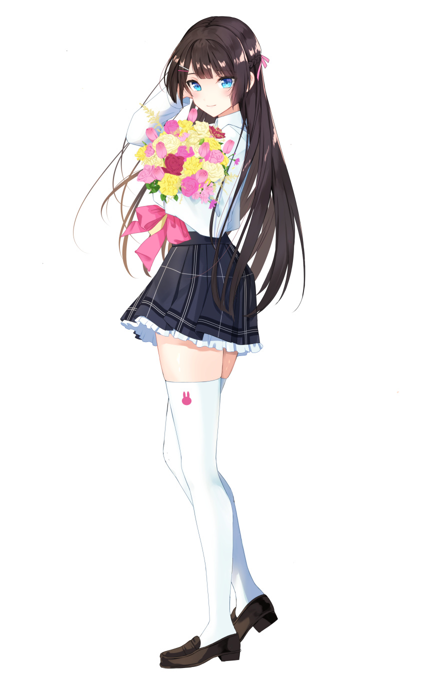 1girl absurdres bangs black_hair black_skirt blue_eyes blush bouquet braid brown_footwear closed_mouth collared_shirt commentary_request eyebrows_visible_through_hair flower frilled_sleeves frills full_body goroo_(eneosu) hair_ornament hairclip hand_up highres loafers long_hair long_sleeves nijisanji object_hug pink_flower pink_rose plaid plaid_skirt pleated_skirt red_flower red_rose rose shirt shoes simple_background skirt smile solo standing thigh-highs tsukino_mito very_long_hair virtual_youtuber white_background white_flower white_legwear white_rose white_shirt