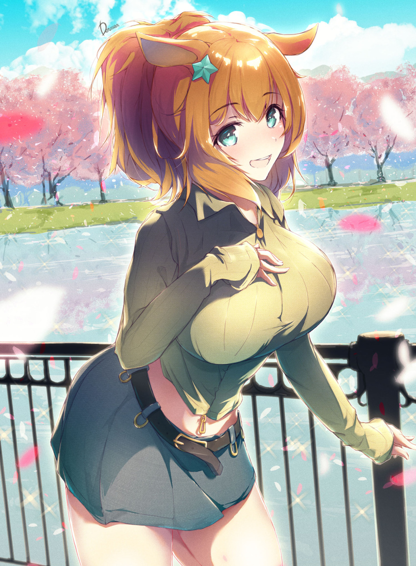 1girl :d animal_ears bangs belt blue_eyes blue_skirt blue_sky breasts brown_hair cherry_blossoms collared_shirt dermar eyebrows_visible_through_hair grass green_sweater hair_ornament hand_on_own_chest highres horse_ears horse_girl large_breasts long_hair looking_at_viewer midriff_peek open_mouth outdoors ponytail railing shirt sidelocks signature skirt sky sleeves_past_wrists smile solo standing star_(symbol) star_hair_ornament sweater taiki_shuttle_(umamusume) thighs umamusume water