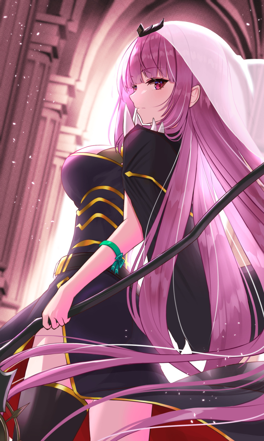 1girl bangs black_legwear blunt_bangs breasts closed_mouth commentary_request eyebrows_visible_through_hair from_behind highres holding holding_scythe hololive hololive_english inari_(ambercrown) large_breasts long_hair looking_at_viewer mori_calliope pink_hair red_eyes scythe single_thighhigh solo thigh-highs veil very_long_hair virtual_youtuber