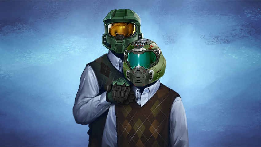 2boys artist_request blue_background collared_shirt commentary commission company_connection doom_(2016) doom_(series) doom_eternal doomguy english_commentary gloves halo_(game) hand_on_another's_shoulder height_difference highres male_focus master_chief microsoft multiple_boys official_art opaque_helmet parody plaid plaid_vest praetor_suit shirt step_brothers_(movie) trait_connection vest white_shirt