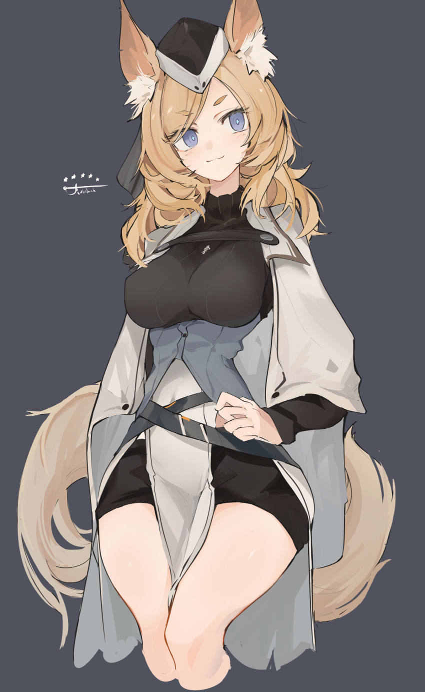 1girl :3 animal_ear_fluff animal_ears arknights blonde_hair blue_eyes breasts cape character_name cropped_legs eyebrows_visible_through_hair garrison_cap grey_background hand_on_hip hat highres horse_ears horse_girl horse_tail long_hair medium_breasts mikojin pelvic_curtain short_eyebrows simple_background solo tail typo whislash_(arknights) white_cape