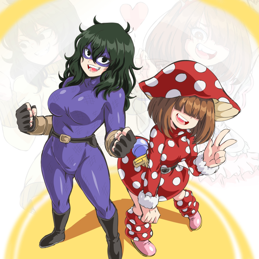 +_+ 2girls :d bangs belt black_eyes black_footwear black_gloves bocodamondo bodysuit boku_no_hero_academia boots breasts brown_eyes brown_hair dress fangs fingerless_gloves from_above full_body fur_trim gloves green_hair hair_over_eyes hair_over_one_eye hat heart highres komori_kinoko leg_warmers long_hair long_sleeves mask multiple_girls mushroom_hat open_mouth polka_dot polka_dot_dress purple_bodysuit red_dress short_hair skirt smile teeth tokage_setsuna v