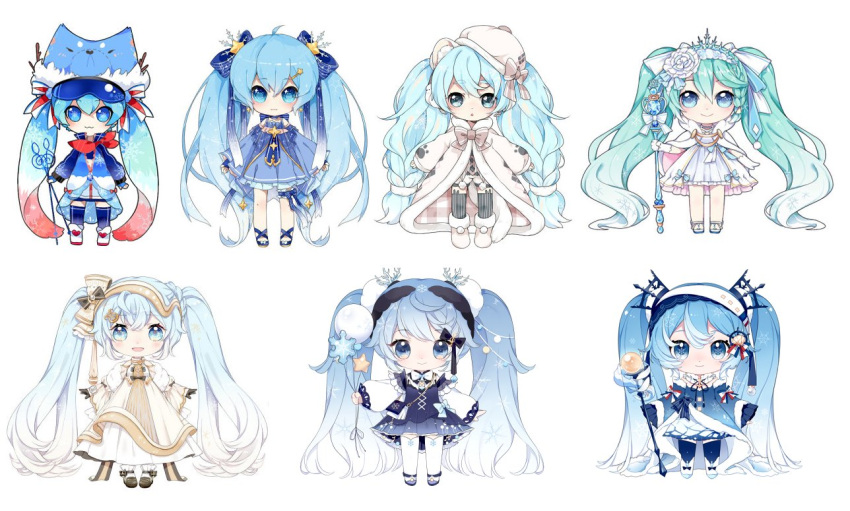 6+girls aqua_hair balloon beret blue_dress blue_hair blue_headwear blue_legwear bow bowtie chibi coat commentary dip-dyed_hair dress earmuffs flower frilled_dress frills full_body fur-trimmed_coat fur-trimmed_headwear fur_trim glowing gradient_hair hair_flower hair_ornament hair_ribbon hat hatsune_miku layered_dress long_hair looking_at_viewer multicolored_hair multiple_girls multiple_persona musical_note musical_note_print nishina_hima orb paw_print redhead ribbon smile snowflake_hair_ornament snowflake_print staff staff_(music) standing star_(symbol) star_balloon star_hair_ornament thigh_ribbon tiara treble_clef twintails very_long_hair vocaloid white_background white_coat white_flower white_hair yuki_miku yuki_miku_(2017)