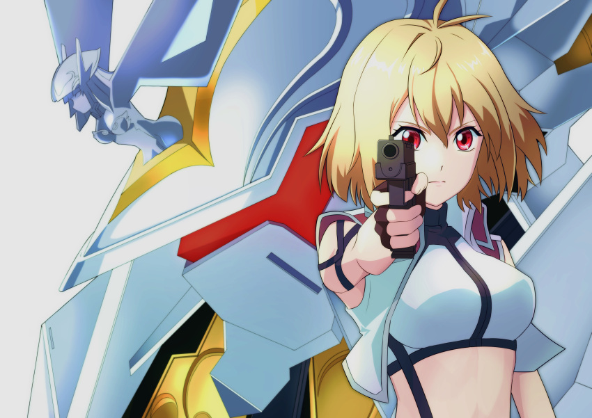 1girl absurdres aiming_at_viewer angelise_ikaruga_misurugi bangs breasts cropped_jacket cross_ange gun hair_between_eyes handgun highres holding holding_gun holding_weapon ilya_(nteateamomoca) jacket looking_at_viewer mecha medium_breasts pistol science_fiction short_hair sleeveless sleeveless_jacket upper_body villkiss_(cross_ange) visor weapon white_background white_jacket