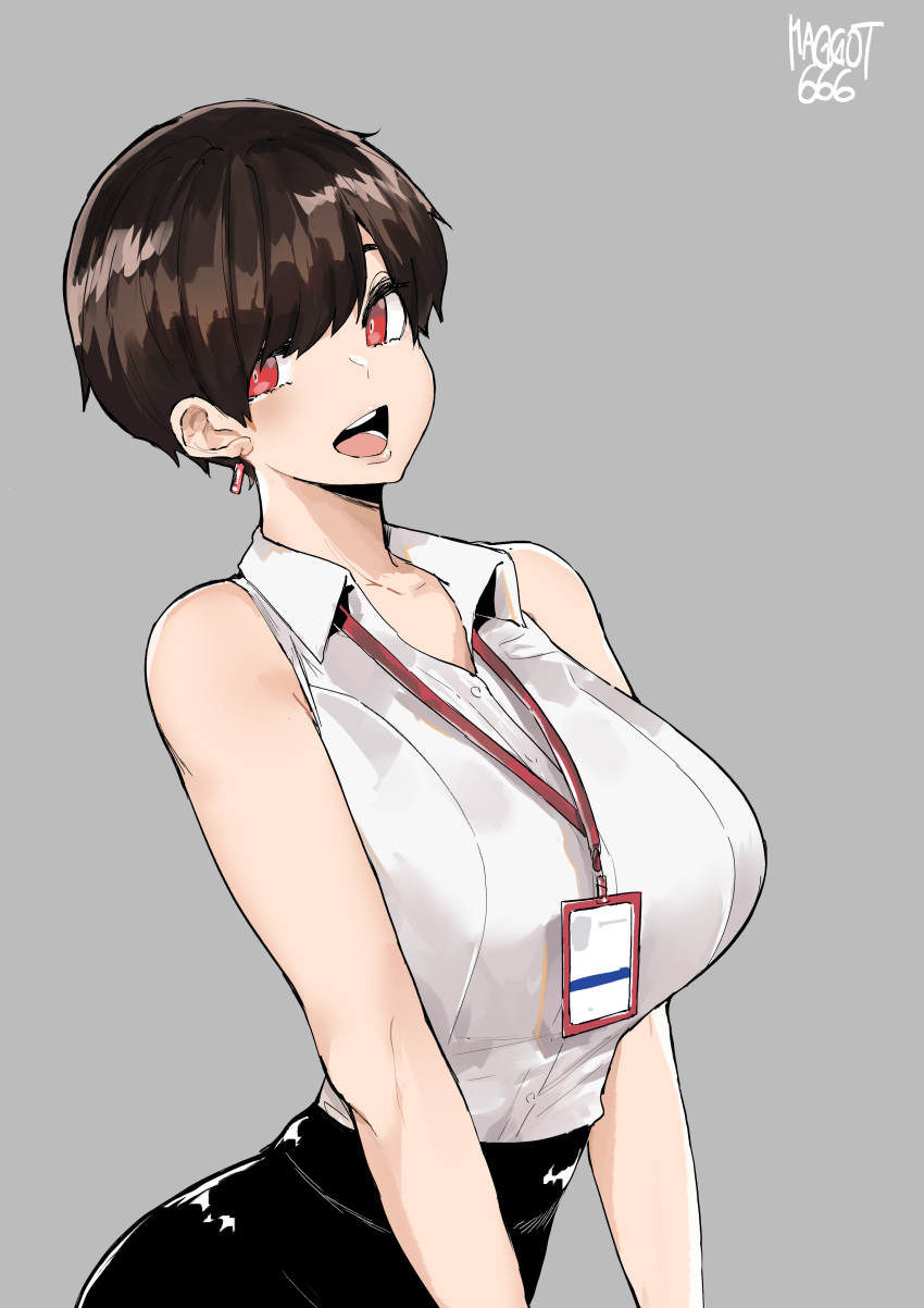 1girl absurdres artist_name bangs black_skirt breasts brown_hair collarbone english_commentary grey_background hair_behind_ear highres id_card large_breasts leaning_back norman_maggot office_lady olive_laurentia olverse open_mouth original red_eyes shirt shirt_tucked_in short_hair skirt sleeveless sleeveless_shirt smile solo