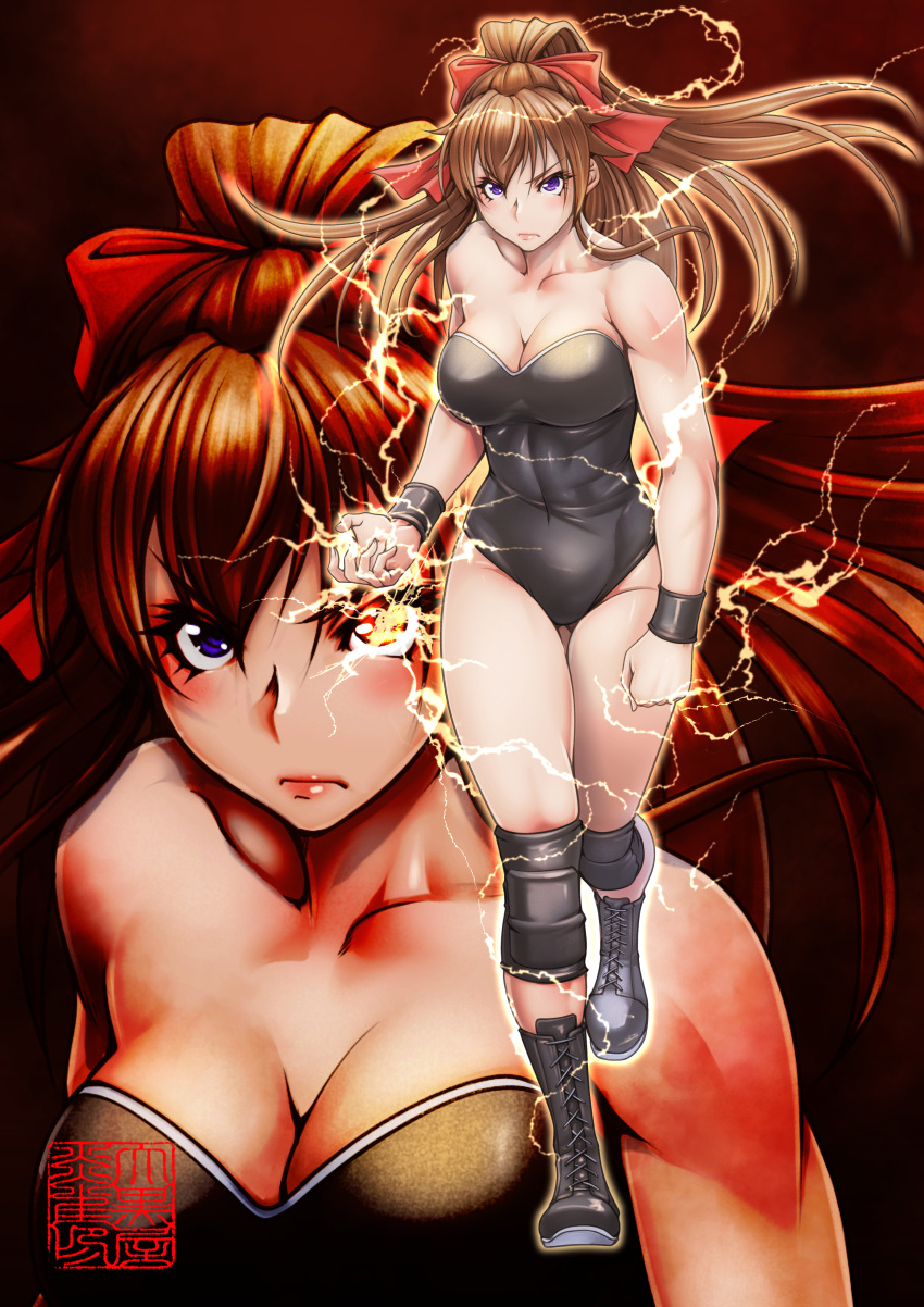 1girl absurdres black_background black_leotard boots bow breasts brown_hair collarbone covered_navel cross-laced_footwear daikokuya_yenjaku electricity full_body gradient gradient_background hair_bow highres knee_pads lace-up_boots leotard lips logo long_hair looking_at_viewer medium_breasts ponytail red_background red_bow solo thunder_ryuko violet_eyes wrestle_angels wrestle_angels_survivor wrestler wrestling_outfit