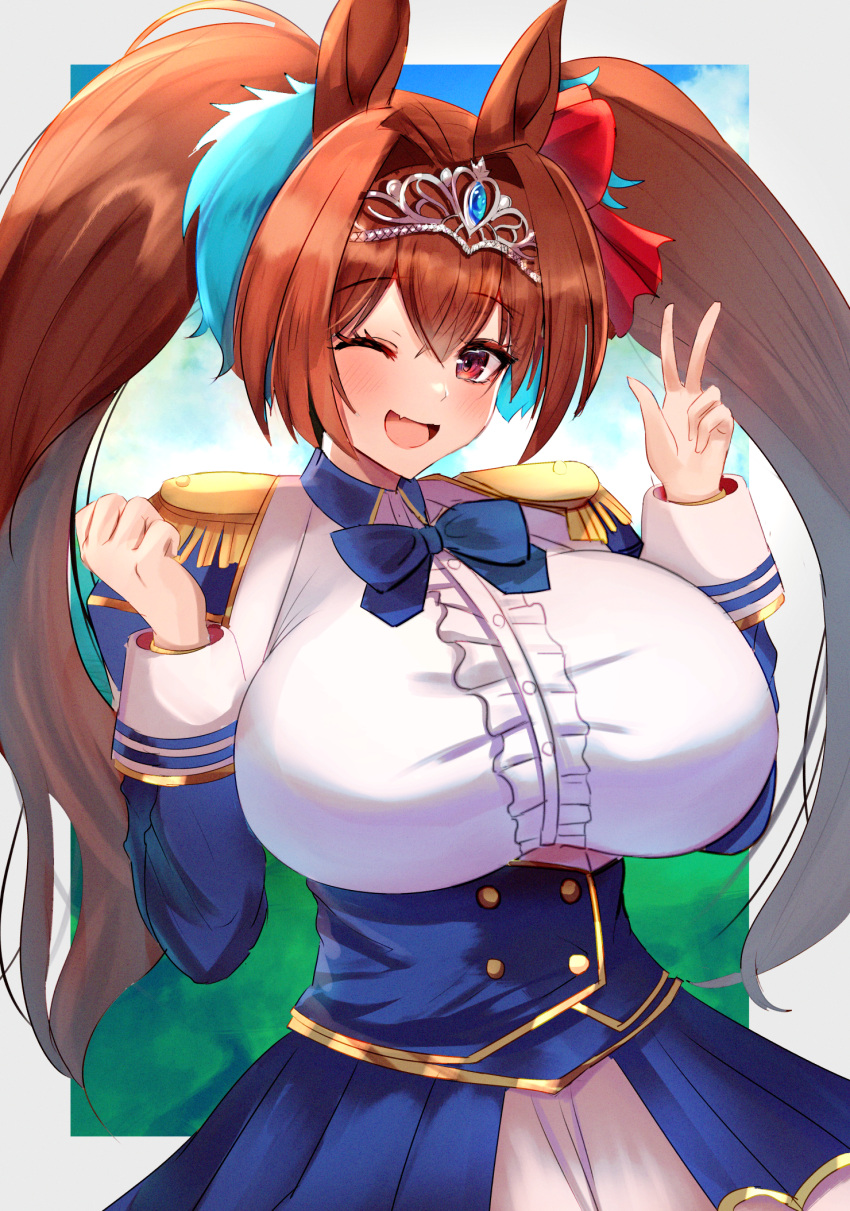 1girl ;d animal_ears breasts commentary_request daiwa_scarlet_(umamusume) eyebrows_visible_through_hair fang hands_up highres horse_ears horse_girl huge_breasts large_breasts long_hair looking_at_viewer makuwori one_eye_closed open_mouth red_eyes redhead smile solo tiara twintails umamusume v