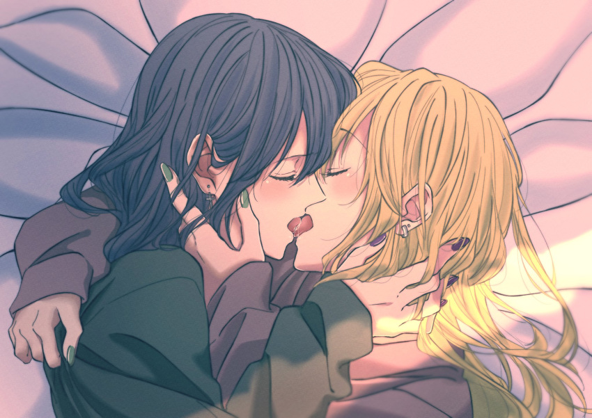 2girls aihara_mei aihara_yuzu bangs black_hair black_sweater blonde_hair citrus_(saburouta) closed_eyes ear_piercing fingernails french_kiss from_side glidesloe green_nails hand_on_another's_neck highres incest kiss multiple_girls open_mouth piercing purple_nails purple_sweater step-siblings sunlight sweater tongue tongue_out wife_and_wife yuri