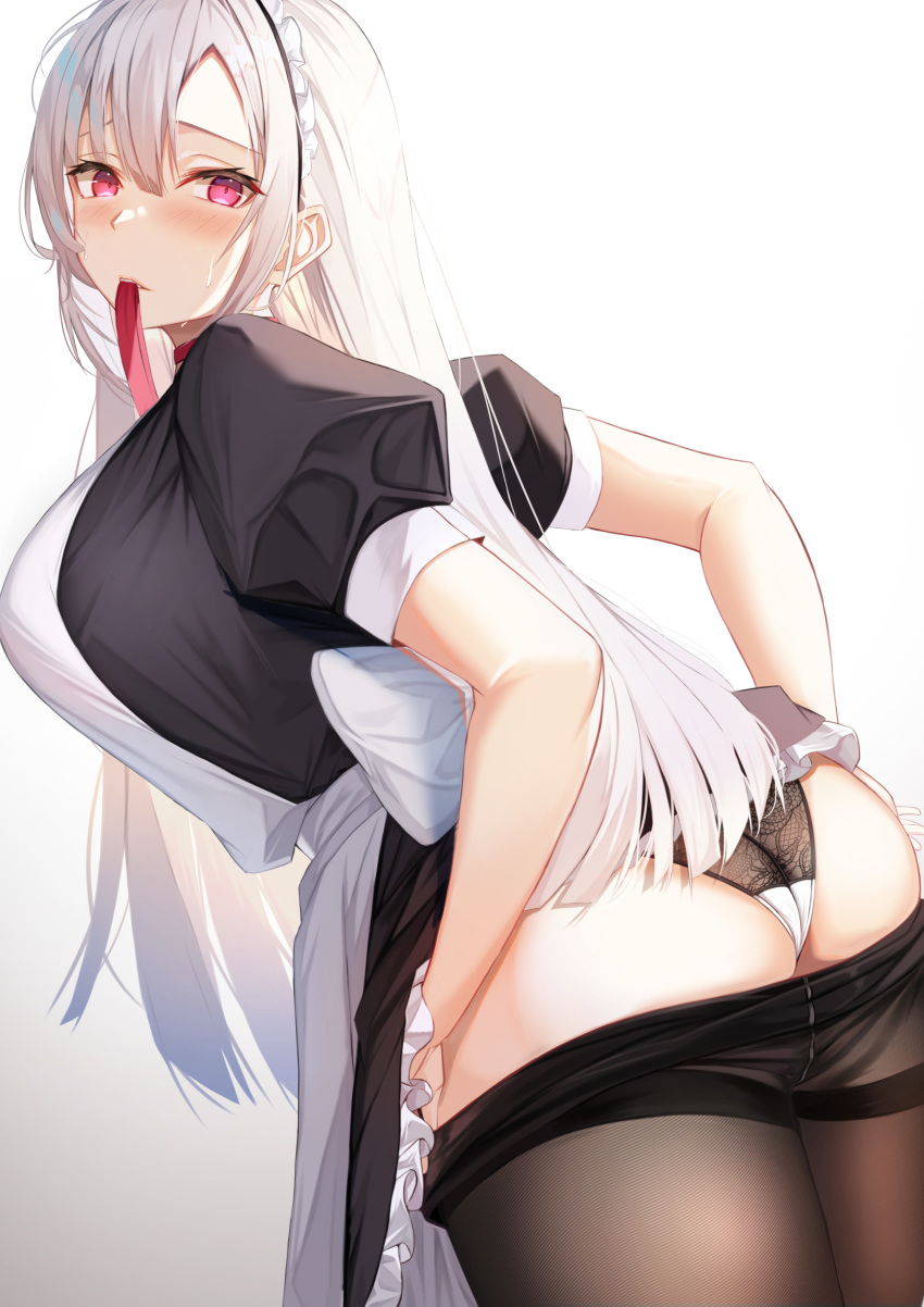 1girl absurdres apron ass back bangs black_dress black_panties blush breasts clothes_pull cowboy_shot dress dress_lift fine_fabric_emphasis frilled_dress frills from_behind highres kazuha_(saku_kn) lingerie long_hair looking_at_another looking_at_viewer maid maid_headdress mouth_hold original panties pantyhose pantyhose_pull puffy_short_sleeves puffy_sleeves short_sleeves simple_background solo thighband_pantyhose underwear violet_eyes white_hair white_panties