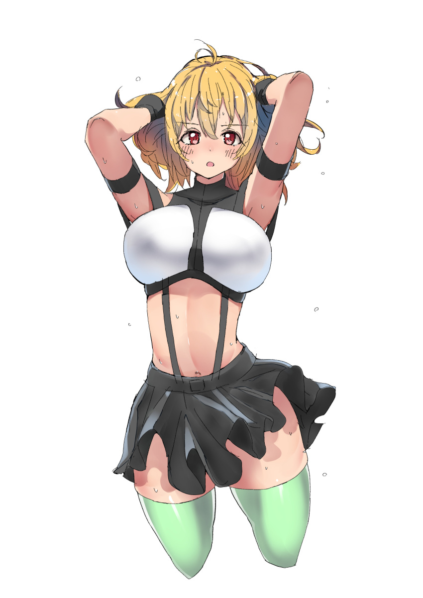 1girl absurdres alternate_breast_size angelise_ikaruga_misurugi arm_strap bangs black_gloves black_skirt blonde_hair blush breasts brown_eyes cropped_legs cross_ange eyebrows_visible_through_hair gloves hands_in_hair highres kobo_(cobo_0609) large_breasts looking_at_viewer midriff navel open_mouth short_hair skirt solo suspender_skirt suspenders sweat thigh-highs white_background
