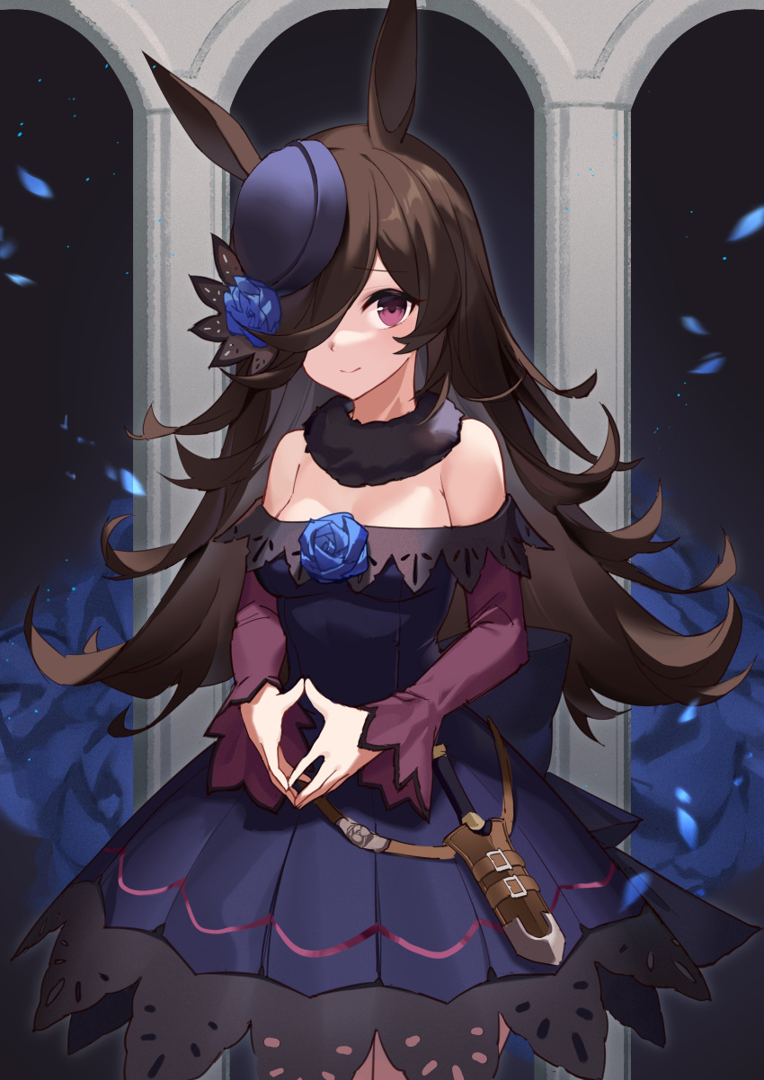 1girl absurdres animal_ears bangs bare_shoulders black_dress black_hair black_headwear blue_flower blue_rose breasts closed_mouth commentary_request dagger dress duan_zhu eyebrows_visible_through_hair flower hair_over_one_eye hat hat_flower highres horse_ears long_hair long_sleeves looking_at_viewer off-shoulder_dress off_shoulder pillar rice_shower_(umamusume) rose sleeves_past_wrists small_breasts smile solo steepled_fingers tilted_headwear umamusume very_long_hair violet_eyes weapon