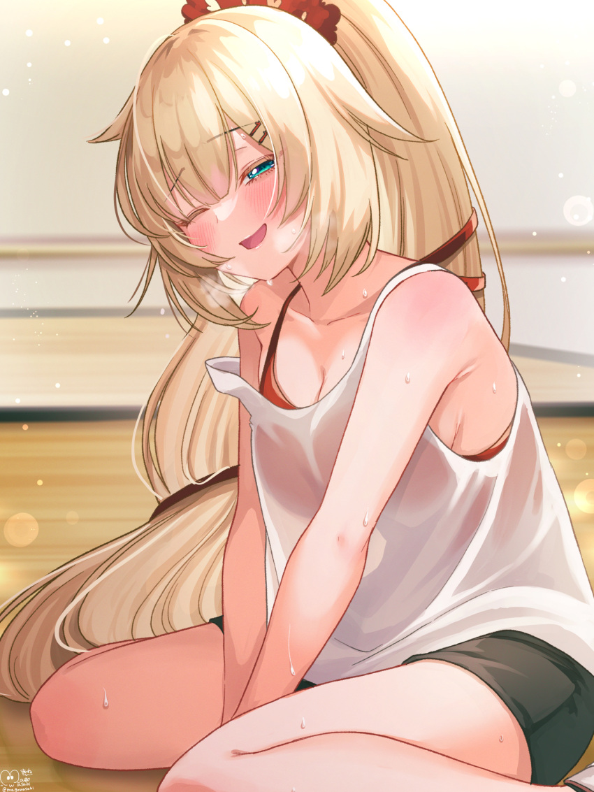 1girl ;d akai_haato aqua_eyes bangs bare_shoulders between_legs black_shorts blonde_hair blush bra bra_through_clothes breasts collarbone commentary_request eyebrows_visible_through_hair hair_ornament hair_ribbon hairpin half-closed_eyes hand_between_legs highres hololive indoors long_hair looking_at_viewer magowasabi medium_breasts one_eye_closed open_mouth ponytail ponytail_holder red_bra red_ribbon ribbon shirt short_shorts shorts sitting smile solo strap_slip sweat underwear very_long_hair virtual_youtuber wariza white_shirt wooden_floor