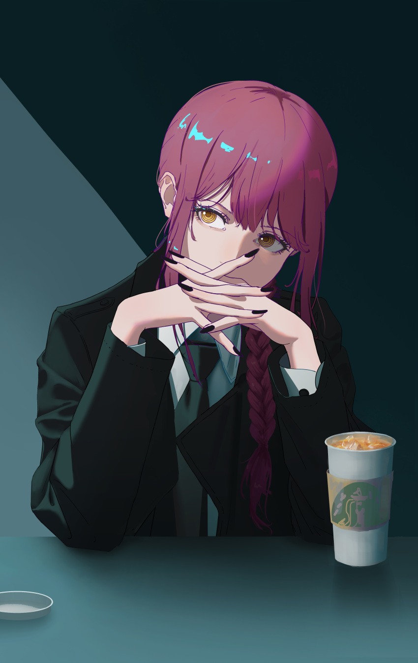 1girl absurdres black_coat black_nails black_neckwear braid braided_ponytail chainsaw_man chinese_commentary coat coffee_cup collared_shirt covered_mouth cup disposable_cup dress_shirt drink eyelashes formal guo_wu hair_between_eyes hands_clasped head_tilt highres long_hair long_sleeves looking_to_the_side makima_(chainsaw_man) nail_polish necktie orange_eyes own_hands_together redhead ringed_eyes shirt sidelocks sitting solo trench_coat upper_body white_shirt wing_collar