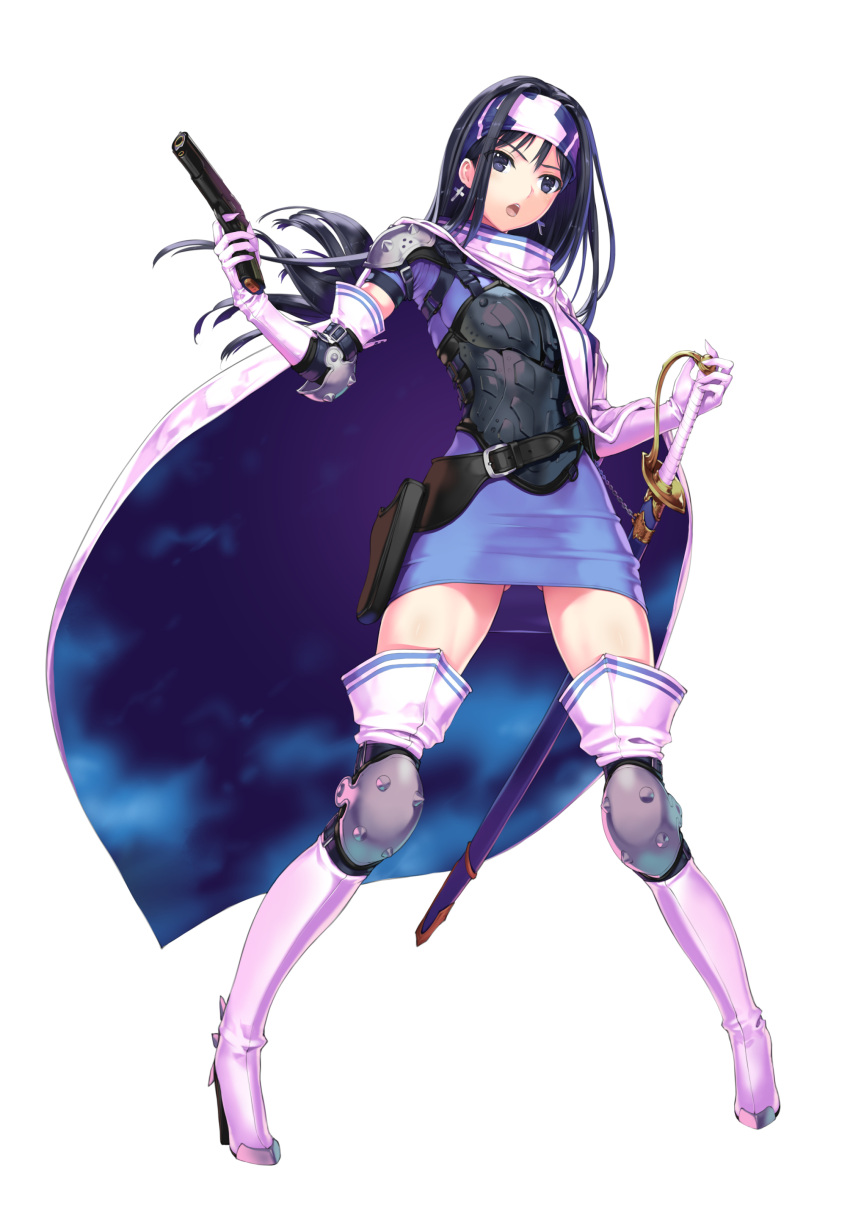 1girl :o absurdres armor ass_visible_through_thighs belt belt_pouch beth_(shin_megami_tensei_ii) black_hair blue_dress blue_eyes boots breastplate breasts capelet commentary_request cross cross_earrings dress earrings elbow_gloves elbow_pads eyebrows_visible_through_hair eyes_visible_through_hair finger_on_trigger gloves gun hand_on_hilt handgun headband high_heels highres holster jewelry knee_pads lh_2c0 long_hair open_mouth pigeon-toed pouch sheath sheathed shin_megami_tensei shin_megami_tensei_ii shoulder_armor small_breasts sword thigh-highs thigh_boots upper_teeth weapon white_background