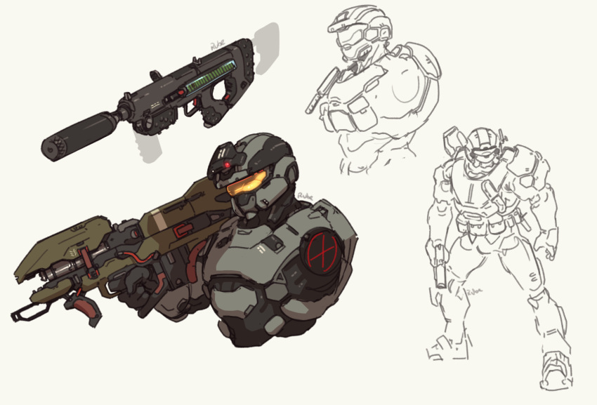 3boys english_commentary gun halo_(game) helmet highres holding holding_gun holding_weapon looking_down m7 male_focus multiple_boys muscular muscular_male ruben_menzel science_fiction sketch spartan_(halo) spartan_laser submachine_gun visor weapon