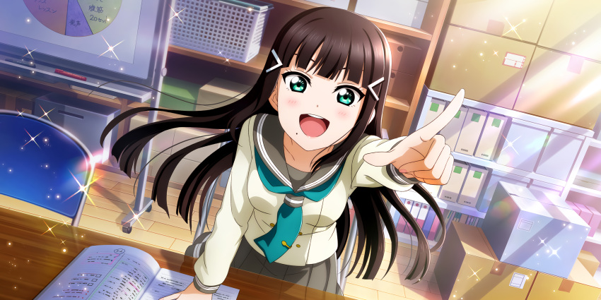 black_hair blush green_eyes kurosawa_dia long_hair love_live!_school_idol_festival_all_stars school_uniform smile