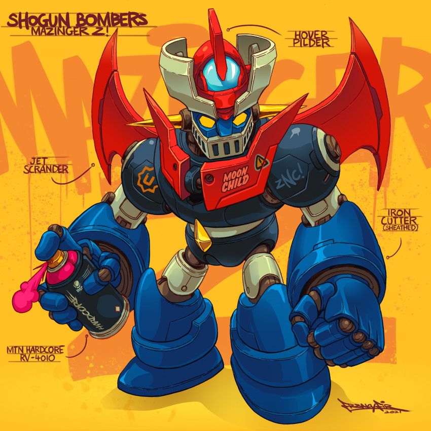 can character_name chibi clenched_hand english_text highres holding holding_can mazinger_z mazinger_z_(mecha) mecha mechanical_wings muhammad_firdaus science_fiction signature solo spray_can spray_paint super_robot wings yellow_eyes