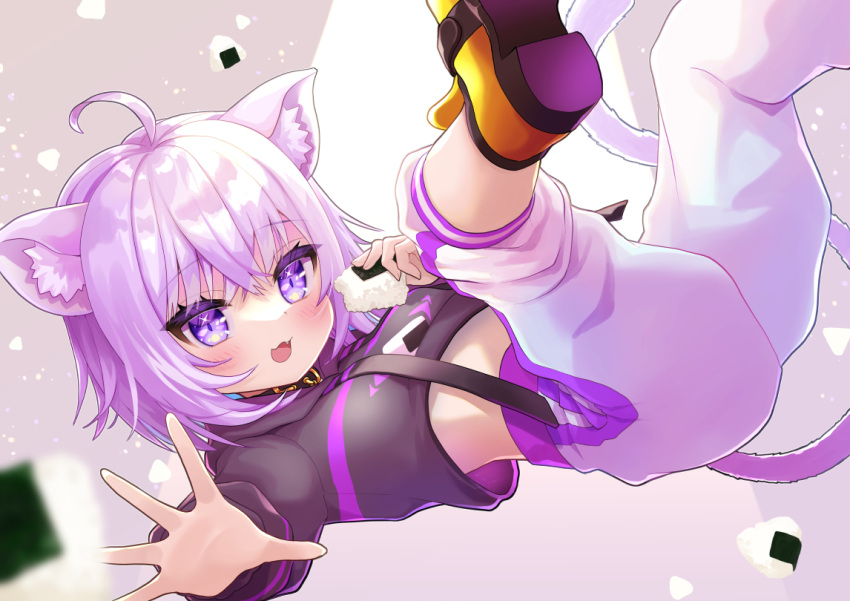 1girl ahoge animal_ear_fluff animal_ears blush cat_ears cat_tail chocomarybadend eyebrows_visible_through_hair food hair_between_eyes hololive hood hoodie long_sleeves looking_at_viewer midriff nekomata_okayu onigiri onigiri_print pants purple_hair short_hair solo tail violet_eyes virtual_youtuber