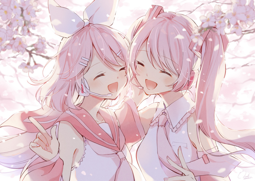 2girls arm_warmers bangs bare_shoulders blurry blurry_foreground bow cherry_blossoms closed_eyes collar commentary detached_sleeves falling_petals flower hair_bow hair_ornament hairclip hand_on_headphones hatsune_miku hazuki_natsu headphones headset highres kagamine_rin long_hair multiple_girls necktie open_mouth petals pink_collar pink_flower pink_hair pink_nails pink_neckwear pink_sleeves pink_theme sailor_collar sakura_miku sakura_rin school_uniform shirt short_hair side-by-side sleeveless sleeveless_shirt smile swept_bangs twintails upper_body very_long_hair vocaloid white_bow white_shirt