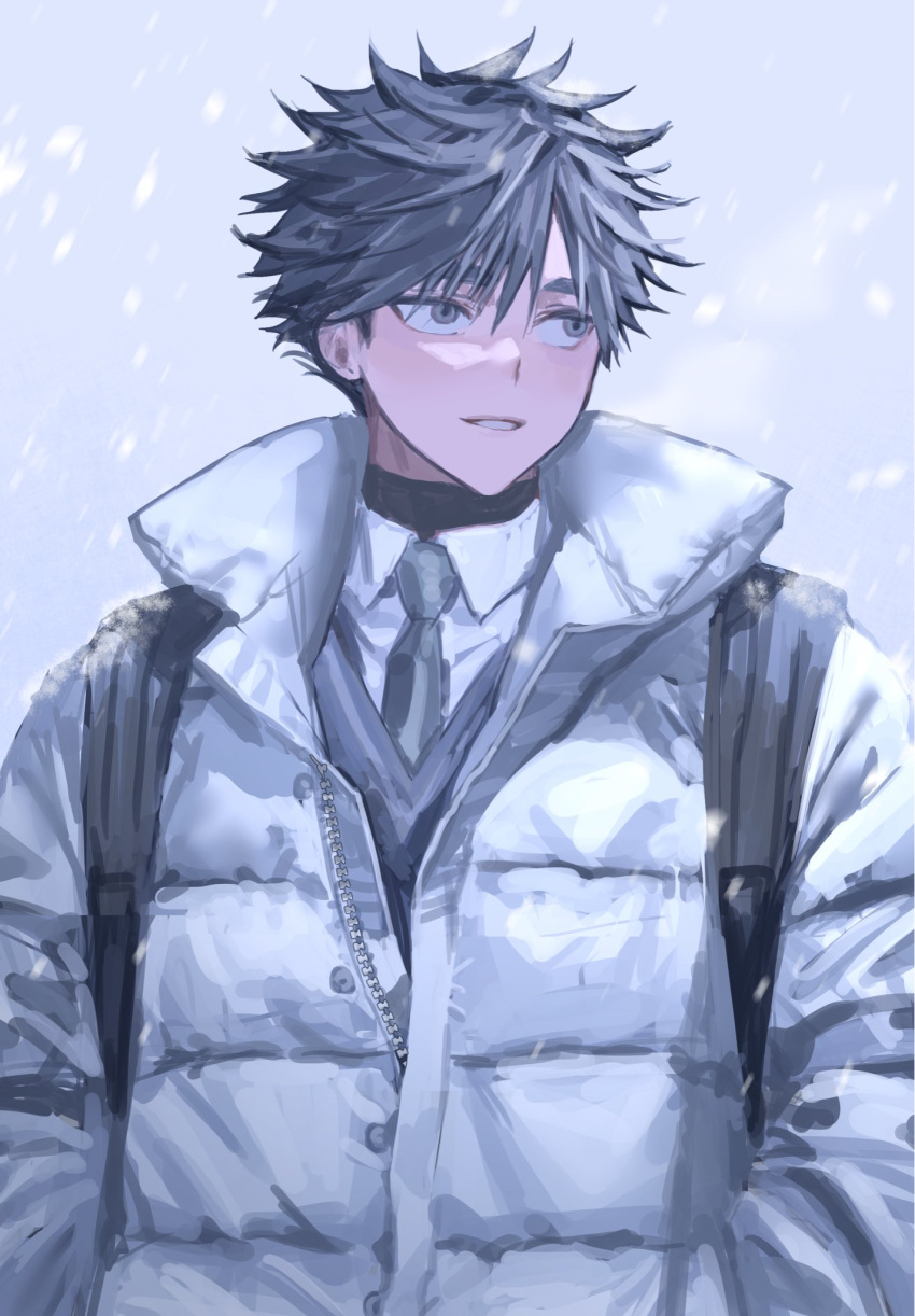 1boy backpack bag breath coat grey_eyes grey_hair grey_sweater_vest hand_in_pocket highres looking_to_the_side male_focus necktie original shirt short_hair simple_background smile snow snow_on_head solo spiky_hair unye_00 unzipped white_shirt winter_clothes winter_coat