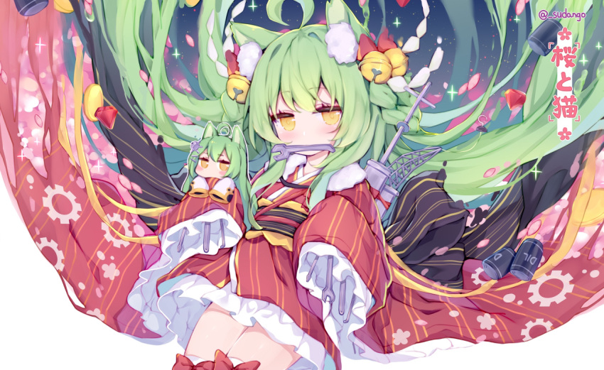 1girl ahoge akashi_(azur_lane) animal_ear_fluff animal_ears azur_lane bell blush cat_ears coin commentary_request drum_(container) eyebrows_visible_through_hair gear_print green_hair hair_bell hair_ornament japanese_clothes jingle_bell kimono long_hair long_sleeves looking_at_viewer mouth_hold simple_background sleeves_past_fingers sleeves_past_wrists sudango thigh-highs twitter_username very_long_hair white_background wide_sleeves wrench yellow_eyes yukata