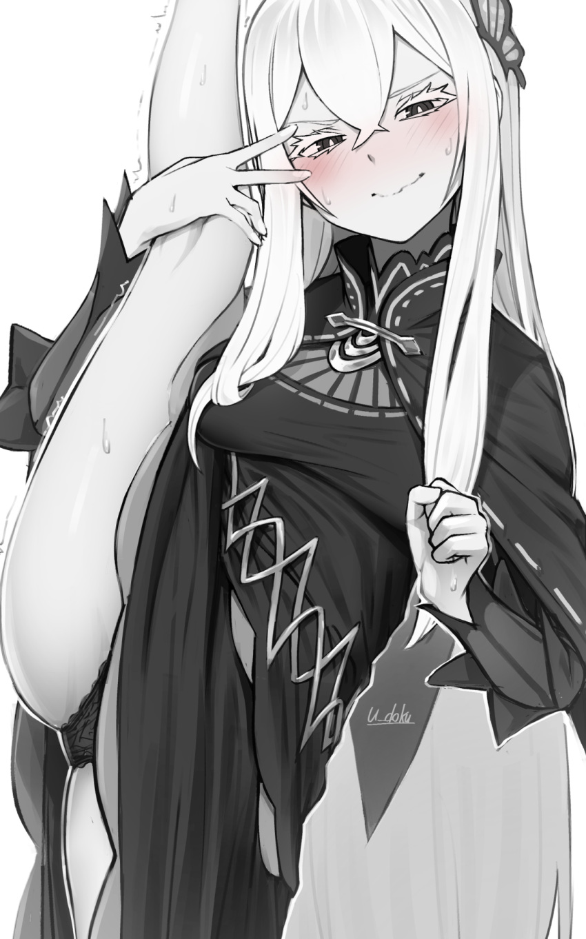 1girl artist_name black_dress black_eyes black_panties breasts butterfly_hair_ornament closed_mouth dress echidna_(re:zero) hair_between_eyes hair_ornament highres leg_up long_hair looking_at_viewer medium_breasts pale_skin panties re:zero_kara_hajimeru_isekai_seikatsu simple_background solo split standing standing_on_one_leg standing_split u-doku underwear wavy_mouth white_background white_hair