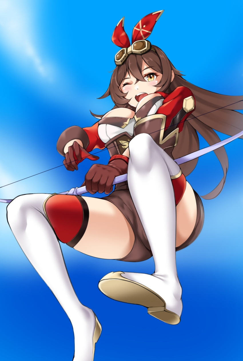 1girl amber_(genshin_impact) blue_sky boots bow_(weapon) breasts brown_eyes brown_gloves brown_hair clouds from_below genshin_impact gloves goggles goggles_on_head hair_between_eyes hair_ribbon highres large_breasts long_hair matrix16 one_eye_closed open_mouth red_ribbon ribbon shorts sky solo thigh-highs thigh_boots thighs weapon