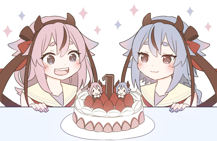 2others bare_shoulders birthday_cake blue_eyes blue_hair blue_nails braid cake candle collar collared_shirt food fruit gradient_hair gynoid_talk hair_flaps hair_ribbon hairband highres horns long_hair meika_hime meika_mikoto multicolored_hair multiple_others pink_eyes pink_hair pink_nails ribbon sailor_collar shirt skc sleeveless sleeveless_shirt sparkle strawberry upper_body vocaloid white_collar