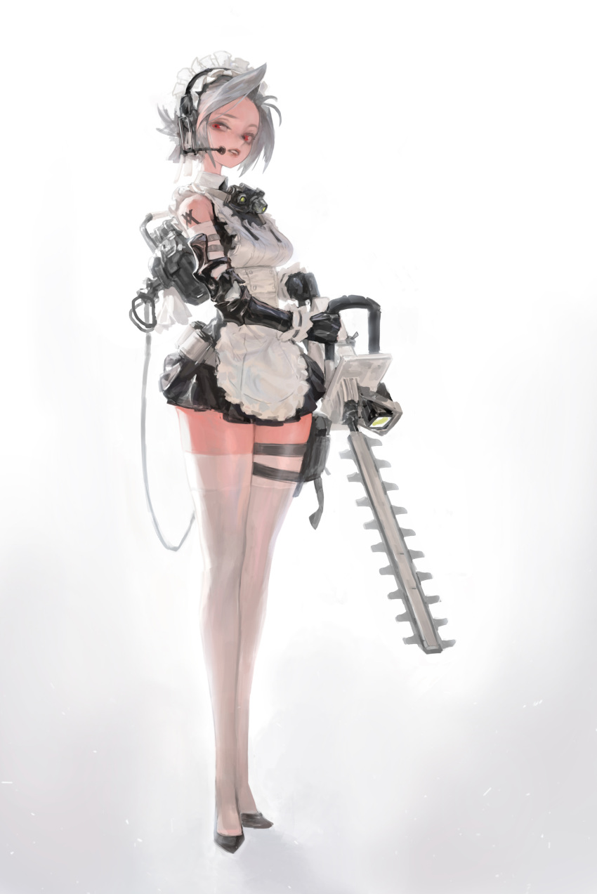 1girl absurdres agoto apron bare_shoulders black_gloves chainsaw full_body gloves headset highres maid maid_apron miniskirt original red_eyes short_hair simple_background skirt solo standing thigh-highs white_background zettai_ryouiki