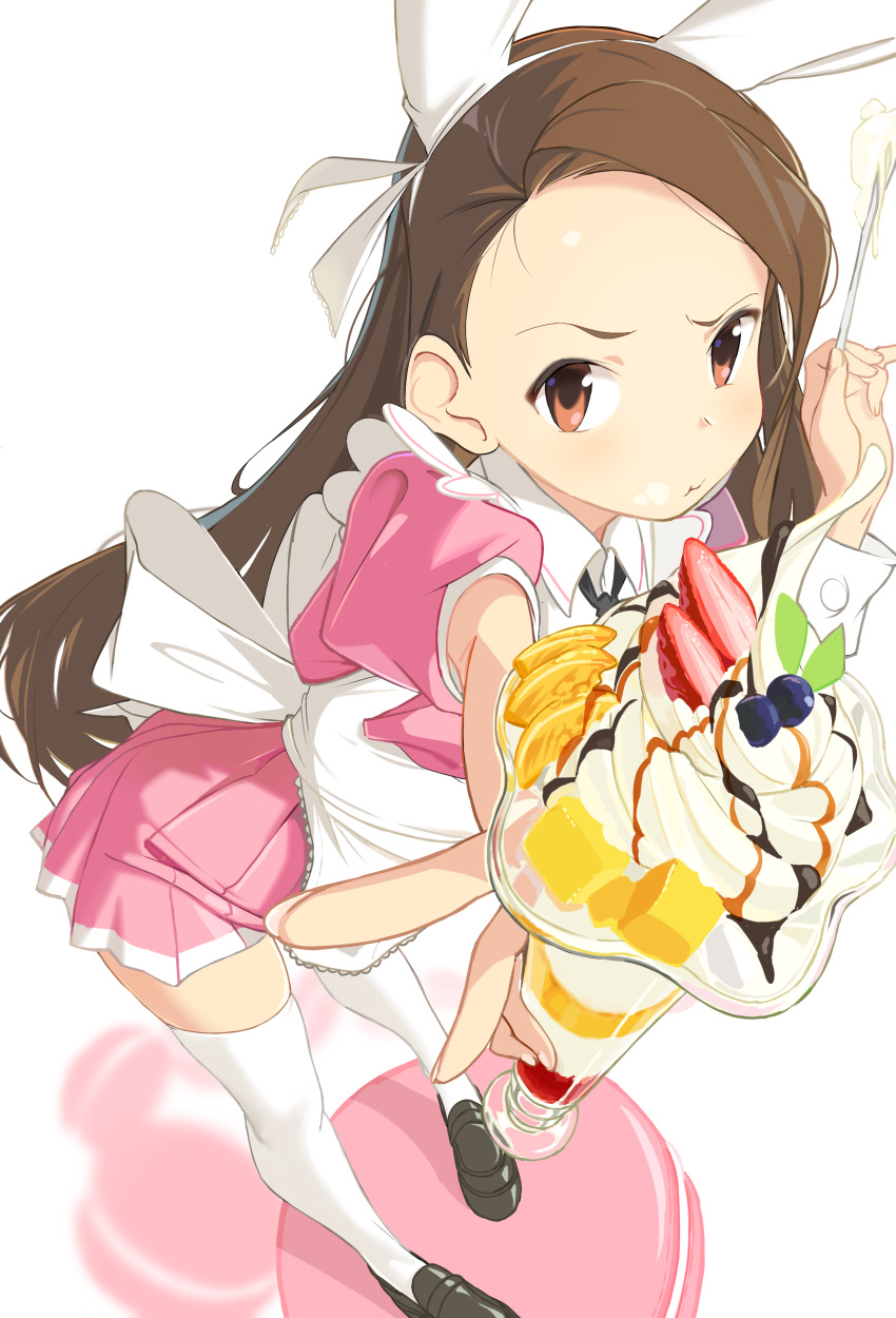 absurdres animal_ears apron black_footwear bow brown_eyes brown_hair closed_mouth fake_animal_ears food food_in_mouth food_on_face fruit highres holding holding_spoon idolmaster idolmaster_(classic) long_hair looking_at_viewer macaron minase_iori nazo_no_niku parfait rabbit_ears shoes spoon thigh-highs waitress white_background white_legwear