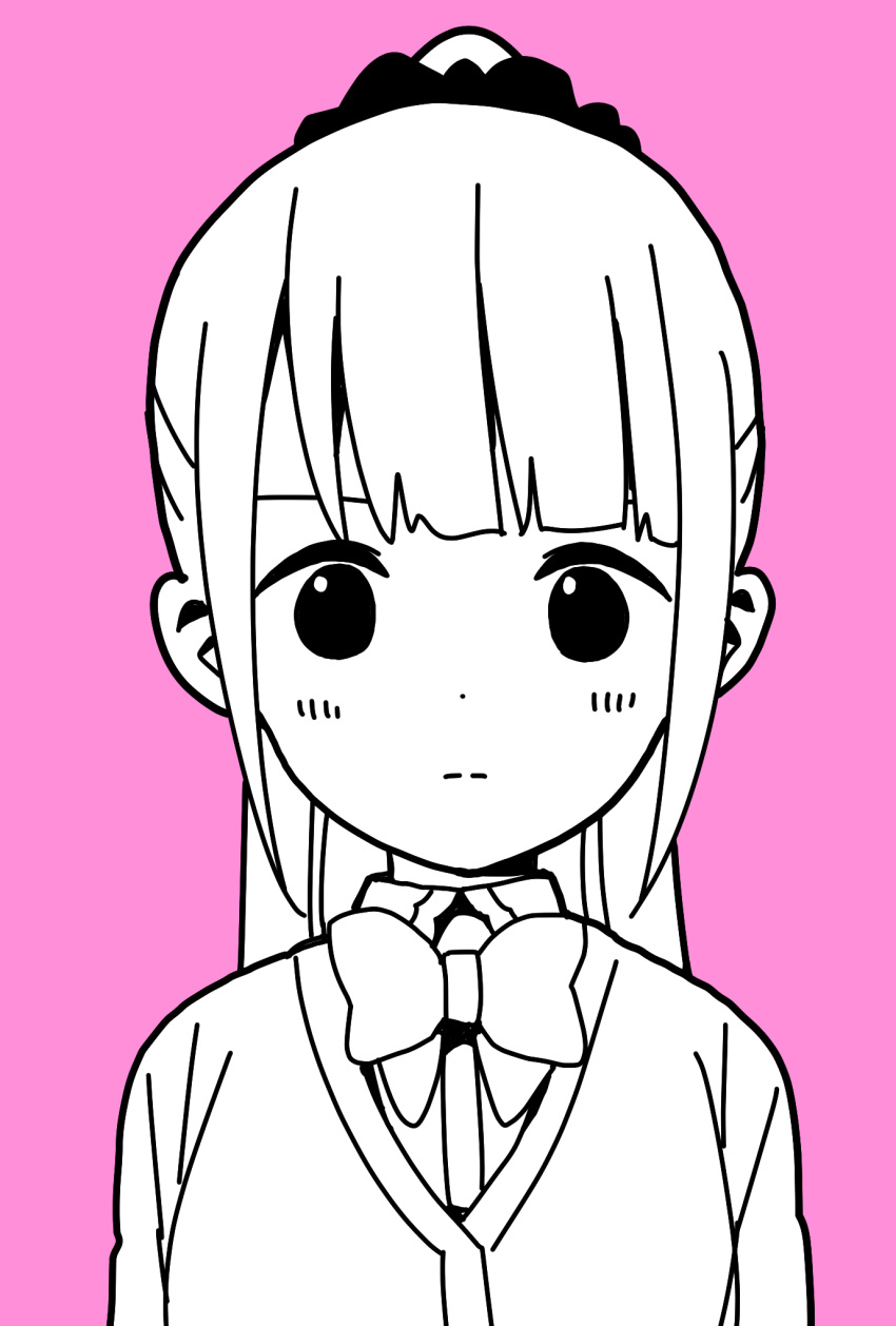 1girl bangs blunt_bangs blush bow bowtie cardigan closed_mouth collared_shirt commentary_request disconnected_mouth dot_nose hair_ornament hair_scrunchie highres hitoribocchi_no_marumaru_seikatsu honshou_aru katsuwo_(cr66g) long_hair looking_at_viewer partially_colored pink_background ponytail school_uniform scrunchie serious shirt sidelocks solo upper_body