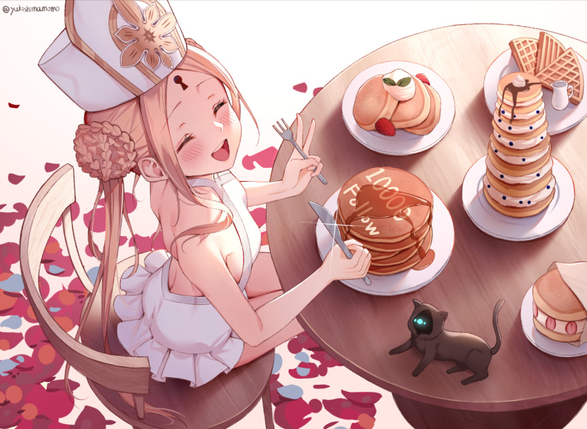 1girl abigail_williams_(fate) abigail_williams_(swimsuit_foreigner)_(fate) bangs bare_shoulders black_cat blonde_hair braid braided_bun breasts cat chair closed_eyes double_bun dress_swimsuit fate/grand_order fate_(series) food forehead fork keyhole knife long_hair mitre open_mouth pancake parted_bangs petals plate sidelocks sitting small_breasts swimsuit table twintails very_long_hair white_headwear white_swimsuit yukiyama_momo