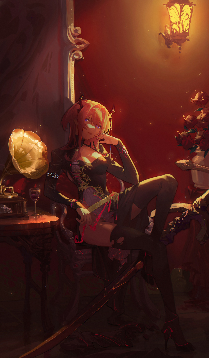 1girl absurdres alternate_costume arknights black_dress black_legwear cup dress drinking_glass highres horns indoors infection_monitor_(arknights) long_hair long_sleeves looking_at_viewer phonograph redhead sitting solo surtr_(arknights) thigh-highs violet_eyes wine_glass wushier