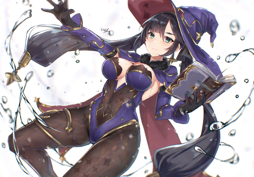 1girl absurdres bare_shoulders black_gloves black_hair black_legwear blue_cape blue_headwear blue_leotard blush bodystocking book breasts cape covered_navel detached_sleeves earrings elbow_gloves fur_collar genshin_impact gloves gold_trim green_eyes hat hat_ornament highleg highleg_leotard highres hitomin_(ksws7544) jewelry large_breasts leotard long_hair looking_at_viewer mona_(genshin_impact) pantyhose smile star_(symbol) star_earrings thighlet thighs twintails water witch_hat