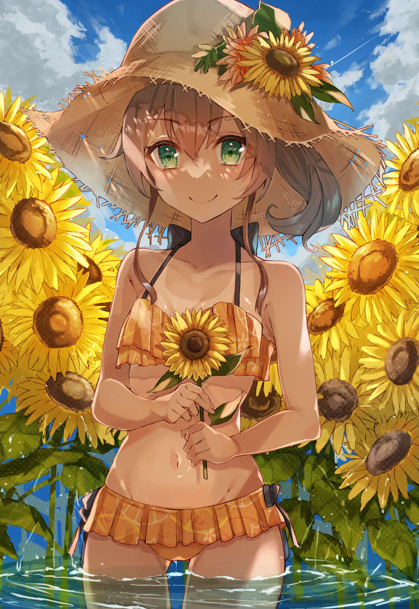 1girl absurdres bangs bare_shoulders bikini bikini_skirt brown_hair closed_mouth collarbone eyebrows_visible_through_hair flower frilled_bikini frills green_eyes groin hair_between_eyes halter_top halterneck haru_yu hat hat_flower highres hololive looking_at_viewer lowleg lowleg_bikini natsuiro_matsuri one-piece_tan orange_bikini orange_swimsuit short_hair side_ponytail smile solo straw_hat summer sunflower swimsuit swimwear tan tanline thigh_gap virtual_youtuber wading water