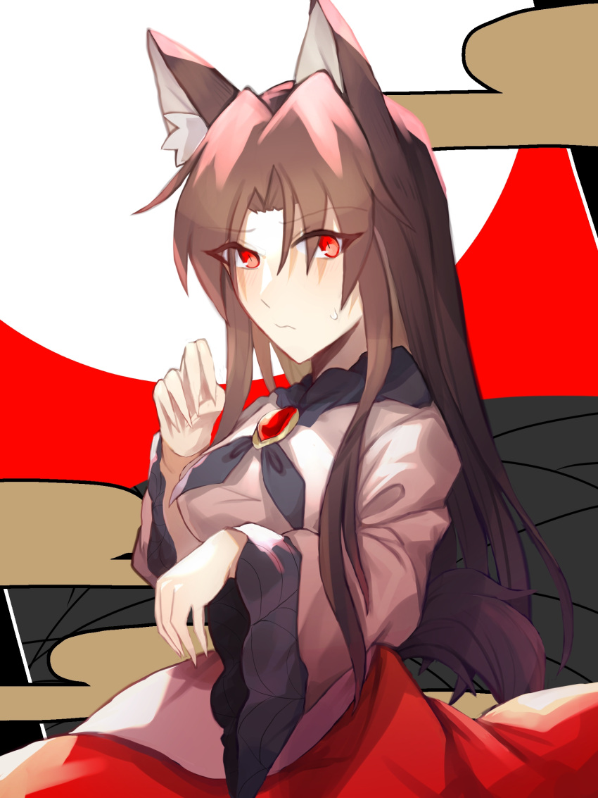 1girl animal_ears blush breasts brooch brown_hair dress eyebrows_visible_through_hair fingernails highres imaizumi_kagerou jewelry kuma_xylocopa large_breasts long_fingernails long_hair long_sleeves looking_at_viewer looking_to_the_side red_eyes solo sweat tail touhou white_dress wide_sleeves wolf_ears wolf_tail