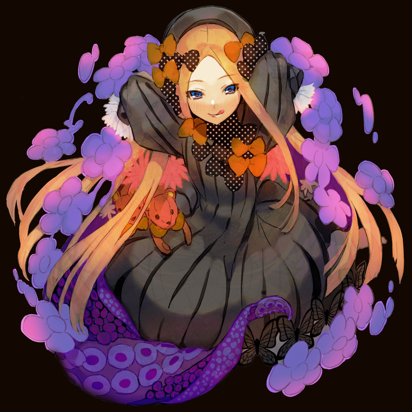 1girl abigail_williams_(fate) akasakak bangs black_background black_bow black_dress black_headwear blonde_hair blue_eyes bow breasts dress fate/grand_order fate_(series) forehead hair_bow hat highres long_hair long_sleeves looking_at_viewer multiple_bows orange_bow parted_bangs polka_dot polka_dot_bow ribbed_dress sleeves_past_fingers sleeves_past_wrists small_breasts smile stuffed_animal stuffed_toy teddy_bear tentacles