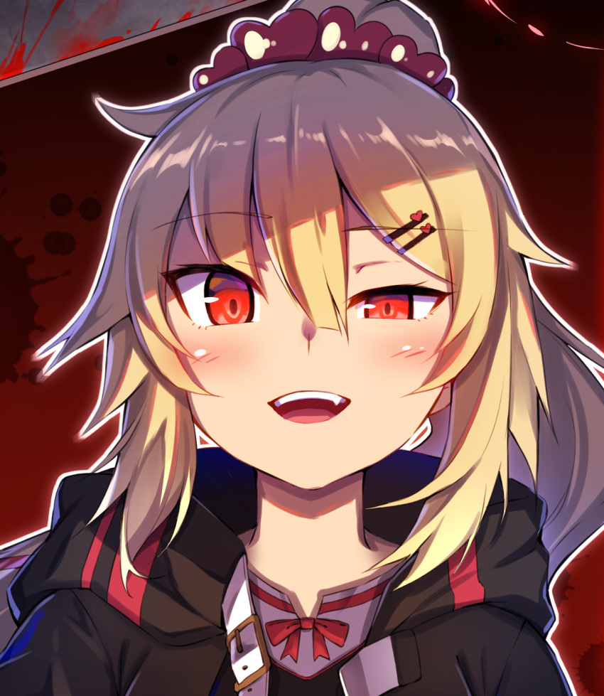 1girl akai_haato alternate_costume bangs blonde_hair blood blood_splatter blush dark_persona fang guillotine hair_ornament hairclip heart heart_hair_ornament highres hololive jacket long_hair looking_at_viewer open_mouth ponytail red_eyes ronnie_l solo virtual_youtuber