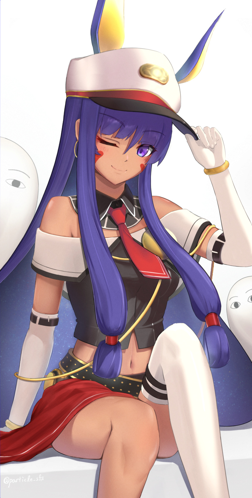 1girl absurdres alternate_costume animal_ears bangs bare_shoulders blush breasts dark_skin dark-skinned_female earrings facepaint facial_mark fate/grand_order fate_(series) highres hoop_earrings jackal_ears jewelry long_hair looking_at_viewer low-tied_long_hair medium_breasts medjed_(fate) navel nitocris_(fate) one_eye_closed particle_sfs purple_hair sidelocks smile thigh-highs thighs very_long_hair violet_eyes