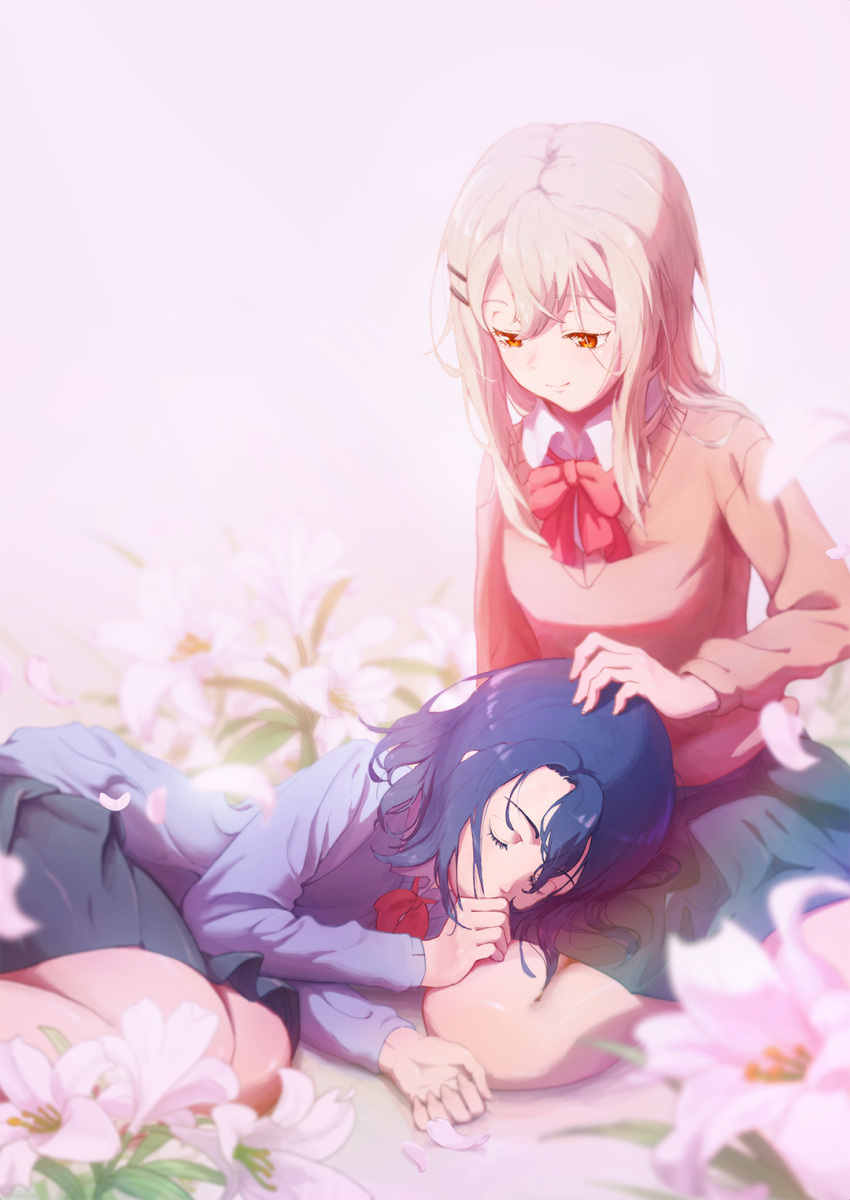 2girls adachi_sakura adachi_to_shimamura bangs blonde_hair blue_hair blue_sweater blurry bow bowtie closed_eyes closed_mouth covered_mouth depth_of_field eyelashes flower hair_ornament hairclip half-closed_eyes hand_on_another's_head highres karma17 lap_pillow light_smile lily_(flower) long_hair long_sleeves looking_down lying multiple_girls orange_eyes orange_sweater parted_bangs petals pink_background red_bow school_uniform shimamura_hougetsu short_hair sidelocks sitting skirt sleeping sweater wariza yuri