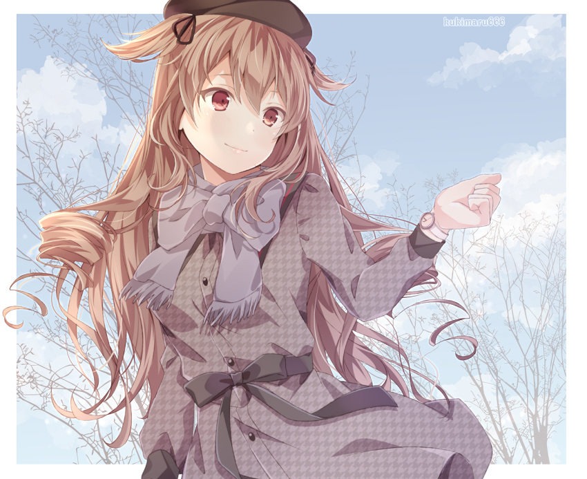 1girl artist_name bare_tree beret black_headwear brown_eyes buttons closed_mouth coat grey_coat grey_scarf hair_between_eyes hair_flaps hat kantai_collection kukimaru light_brown_hair long_hair long_sleeves murasame_(kancolle) remodel_(kantai_collection) scarf smile solo tree twitter_username watch watch