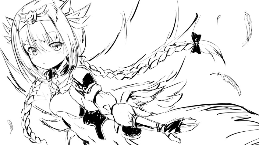 1girl :o armor bangs blush bow braid breasts detached_sleeves eyebrows_visible_through_hair feathered_wings feathers fingerless_gloves gloves greyscale hair_between_eyes hair_bow headpiece highres long_hair long_sleeves looking_at_viewer monochrome navel original parted_lips pauldrons puffy_long_sleeves puffy_sleeves shoulder_armor simple_background sketch small_breasts solo twin_braids very_long_hair white_background wings yuku_(kiollion)