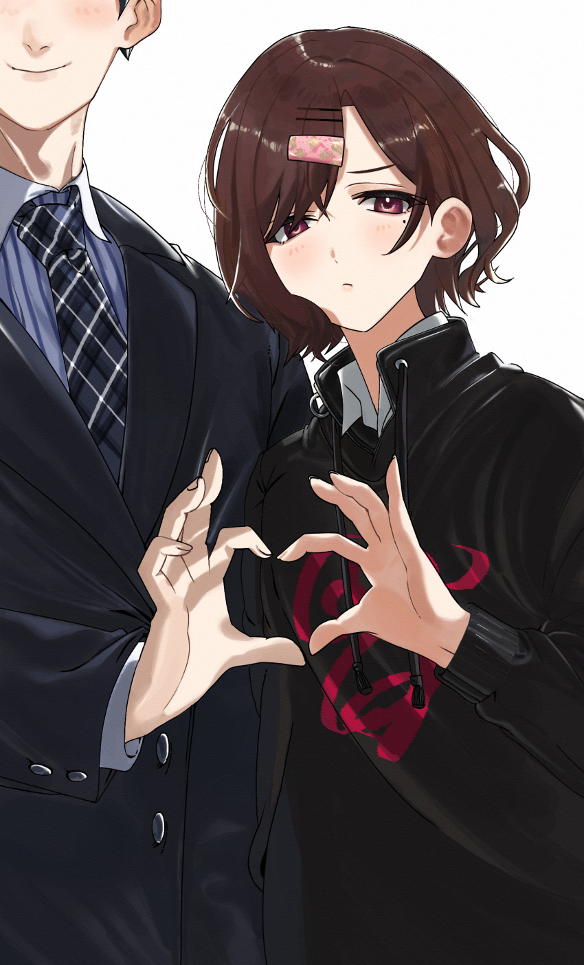 1boy 1girl absurdres blush embarrassed formal hair_ornament hairpin hand_up head_out_of_frame heart heart_hands heart_hands_duo highres higuchi_madoka idolmaster idolmaster_shiny_colors looking_at_viewer mole mole_under_eye necktie plaid_neckwear pol_winner producer_(idolmaster) redhead school_uniform shirt simple_background smile striped striped_shirt suit upper_body white_background