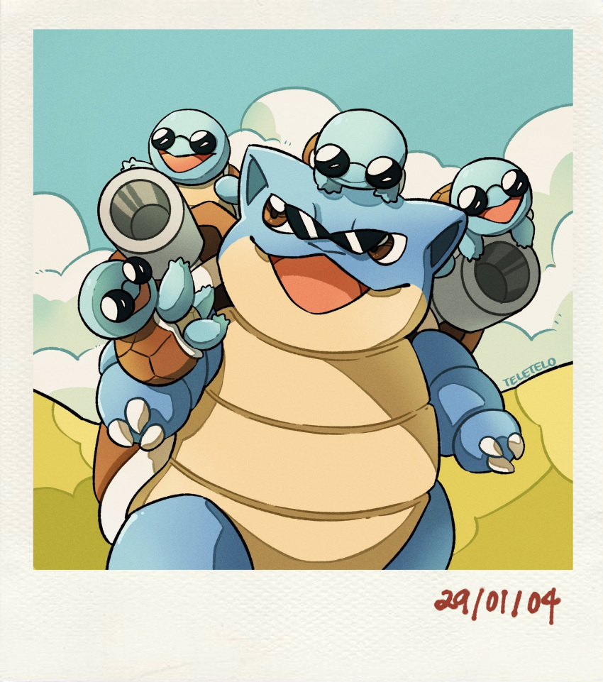 :d artist_name blastoise border brown_eyes clouds commentary dated day english_commentary gen_1_pokemon highres looking_back no_humans open_mouth outdoors pokemon pokemon_(creature) riding_pokemon sky smile squirtle squirtle_squad standing starter_pokemon teletelo tongue white_border