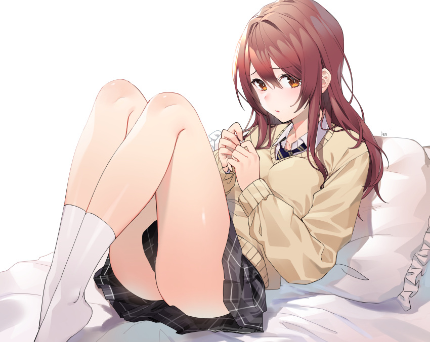 1girl absurdres arjent artist_name bangs bed_sheet beige_sweater black_skirt blue_neckwear blush breasts brown_hair closed_mouth collarbone collared_shirt diagonal-striped_neckwear diagonal_stripes feet_out_of_frame hair_between_eyes hands_up highres idolmaster idolmaster_shiny_colors knees_up long_hair long_sleeves looking_at_viewer medium_breasts miniskirt necktie no_shoes oosaki_tenka orange_eyes own_hands_together pillow plaid plaid_skirt pleated_skirt raised_eyebrows reclining school_uniform shiny shiny_hair shirt sidelocks simple_background skirt sleeves_past_wrists socks solo striped striped_neckwear sweater white_background white_legwear white_shirt