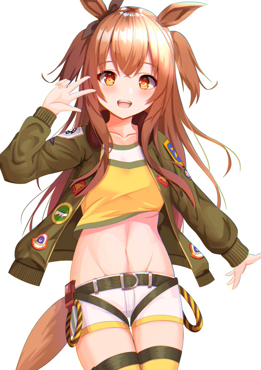1girl :d absurdres animal_ears bangs black_ribbon blush breasts brown_hair collarbone commentary_request cowboy_shot crop_top dog_tags ear_ribbon eyebrows_visible_through_hair green_belt green_jacket groin hair_between_eyes hand_up highres horse_ears horse_girl horse_tail jacket long_hair long_sleeves looking_at_viewer mao_sirahama mayano_top_gun_(umamusume) midriff navel open_clothes open_jacket open_mouth orange_hair partial_commentary ribbon shirt shorts sidelocks simple_background small_breasts smile solo standing tail thigh-highs twintails two_side_up umamusume upper_teeth v_over_eye white_background white_shorts yellow_legwear yellow_shirt